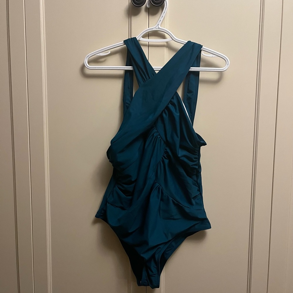 Deep Teal One-Piece Swim Suit with Crossback Straps